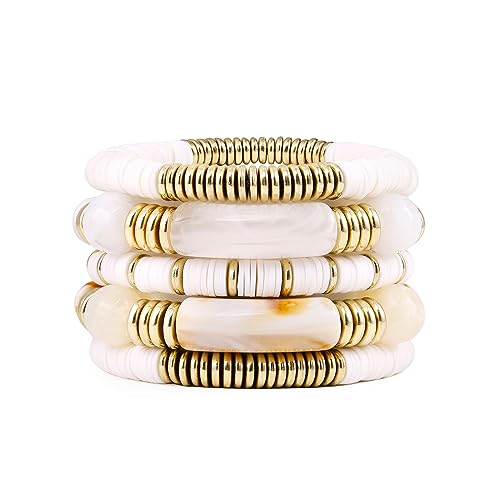 Bamboo Tube Bangles Bracelet Curved Stacking Clear Acrylic Colorful Beads Stretchable Friendship Gold Bracelets Gifts For Bestfriends, Couple, Family Members, Siblings, mother, Lover