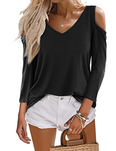 Amoretu Womens Casual Cold Shoulder Tops 3/4 Sleeves Blouses Tee Shirts Black S #TOP2