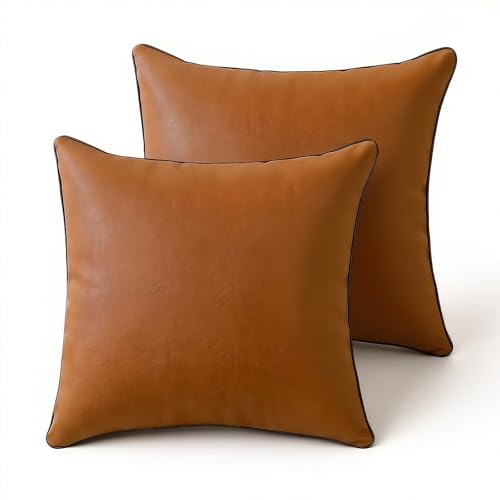 Faux Leather Pillow Covers 18x18 Set of 2, Brown Throw