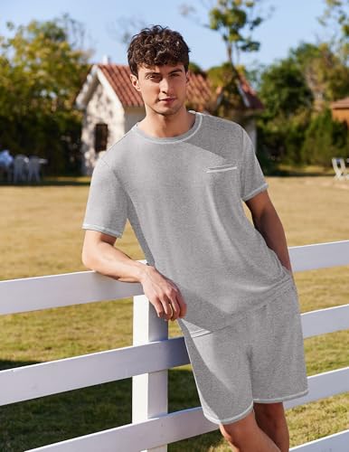 Image of Ekouaer Men's Pajamas Set Casual Short Sleeve Shirts and Shorts Soft 2 Piece Loungewear With Pockets