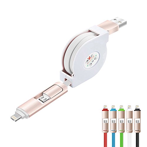 Geekercity 2M/6.6FT 2 in 1 Retractable Charging Data Sync Cable Cord - Lightning Micro USB to USB Charger Cable for iPhone 7 6 Plus 6S iPad Android Samsung Galaxy HTC LG & More (White)