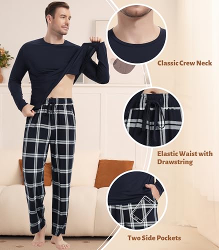 Image of NACHILA Pajamas for Men-Viscose Made from Bamboo, Long Sleeve Pajamas Set Comfy Sleepwear Pants Soft V Neck Pjs with Pockets