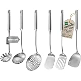 KIMIJO Set di 6 utensili da cucina in acciaio inox – utensili da cucina di alta qualità per wok e cucina – cucchiai schiumarola, spatola, paletta per pesce, mestolo, cucchiaio per spaghetti e spatola