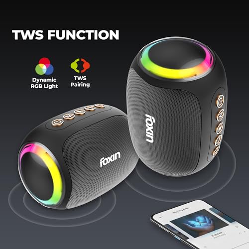 Image of Foxin Spark 10W Mini Bluetooth Speaker with RGB Light, 4Hrs Playtime, 360 Surround Sound, RGB Lights, Multi-Play Modes BT5.1 /TF Card, AUX, Type-C Charging Port, in-Built FM | 6cm Carry Loop