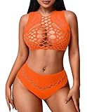 Avidlove Women's Fishnet Lingerie Sets Mesh Fishnets Outfit 2 Pcs Lingeries Set Fishnet Sexy Outfit Orange