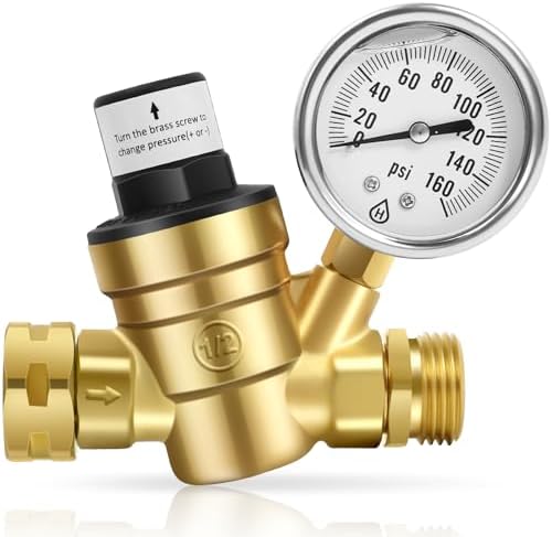 RV Water Pressure Regulator with Gauge, Adjustable Brass Regulato...