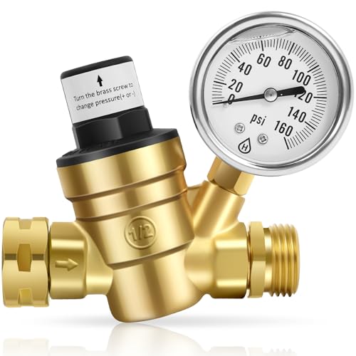 RV Water Pressure Regulator with Gauge, Adjustable Brass Regulato...