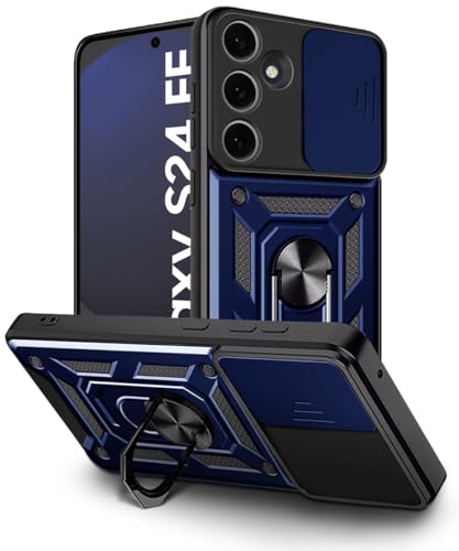 Image of WOW IMAGINE Tough Armor Bumper Mobile Back Case for Samsung Galaxy S24 FE 5G | Sliding Camera Shield Cover | Shock Proof 360 Protection | Hybrid PC + TPU | Ring Holder with Kickstand - Blue