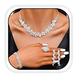 Unicra Rhinestone Bridal Wedding Jewelry Set Silver Necklace Earrings Bracelet Ring Sets Prom Formal Costume Jewelry Sets for Women and Brides (Silver-4 Pack Necklace Earrings Bracelet Ring)