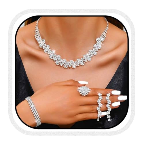 Unicra Rhinestone Bridal Wedding Jewelry Set Silver Necklace Earrings Bracelet Ring Sets Prom Formal Costume Jewelry Sets for Women and Brides (Silver-4 Pack Necklace Earrings Bracelet Ring)