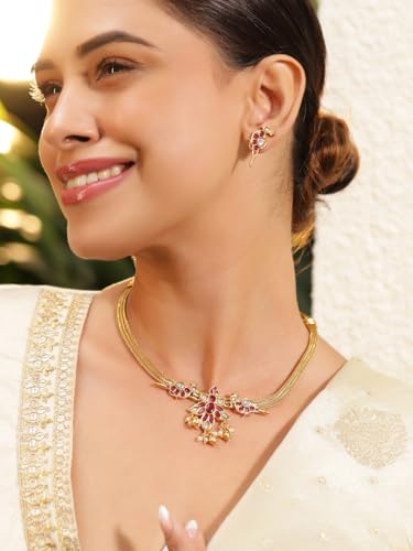 Image of Rubans Womens 22K Gold Plated Ruby Pink & Pearl Accented Jewellery Set - Ideal for Weddings & Special Occasions