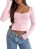 Womens Long Sleeve Cute Crop Tops Spring Going Out Y2k Baby Tees Shirts Trendy Clothes for Teen Girls, Pink, X-Small