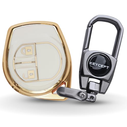Image of KEYCEPT Gold Line TPU Key Cover Compatible with Suzuki Swift, Dzire, Ertiga, Baleno, Celerio, Ritz, Brezza, Scross, Fronx, Ciaz, Jimny, S Presso 2 Button Remote Key with Keychain. (Keychain 2, White)