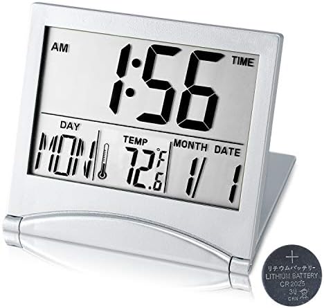 KANBIT Digital Travel Alarm Clock Battery Operated, Portable Large Number Display Alarm Clock with Temperature,12/24 H Small Desk Clock -Silver (NO Light)