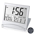 Digital Travel Alarm Clock Battery Operated, Portable Large Number Display Alarm Clock with Temperature,12/24 H Small Desk Clock -Silver (NO Light)