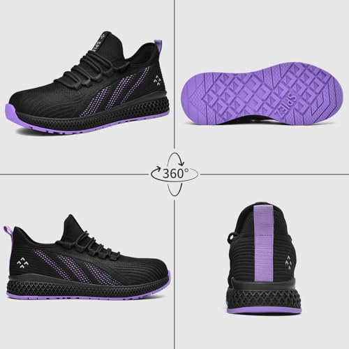 SPIEZ Safety Shoes for Women, Lightweight Composite Toe Work Shoes, Slip-On Non Slip Fashion Sneakers for Daily Wear Black Purple US 5-9.52