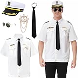 HIULLEN Camisa de capitán, sombrero de capitán, juego de disfraz de capitán marinero, disfraz de capitán con sombrero, marinero, gafas de sol y corbata para fiestas de disfraces de Navidad, cruceros y