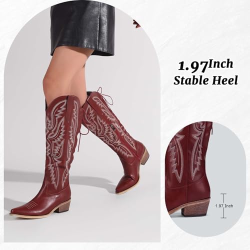 Cowboy Boots For Women Embroidered Wide Calf Boots With Back Lace Up Chunky Block Heels Pointed Toe Western Cowgirl Boot Comfortable Tall Boots for Prom Casual Trendy Shoes4