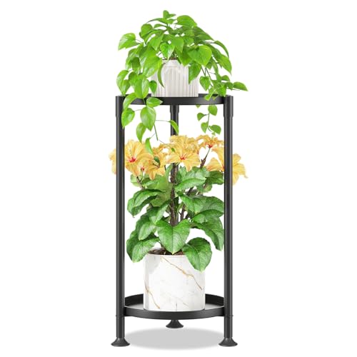 Image of iDavosic.ly 2 Tier Plant Stand Indoor with 10 Inch Wide Tray, Tiered Corner Metal Outdoor Flower Display Holder, Vertical Tall Rack for Patio Porch Living Room, Modern Black