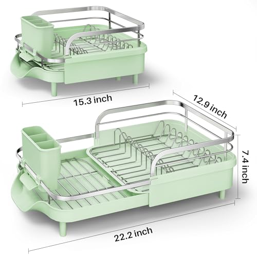 Image of SAYZH Dish Drying Rack - Expandable Dish Rack for Kitchen Counter, Rust-Resistant Dish Drainer with Utensil Holder and Raised Guardrail, Kitchen Organizer for Cup and Bottle (Green)
