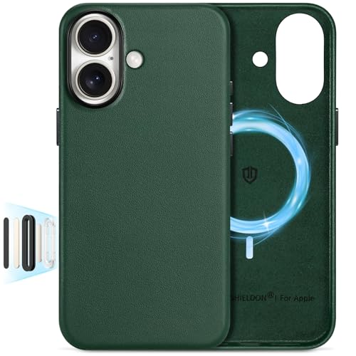SHIELDON Lederhülle für iPhone 16 Handyhülle [Kabelloses Laden] [Kamerasteuerung] [Stoßfest] [Dünn] [Leicht] Schutzhülle Cover Hüllen Kompatibel mit iPhone 16 5G 6 1 2024 Immergrün