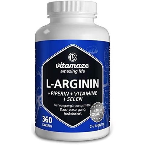 L-Arginin Kapseln hochdosiert, 360 Kapseln mit VITAL-Formel B6, B12, Folsäure, Selen und Piperin für 3 Monate, Pre Workout Nahrungsergänzung ohne unnötige Zusätze, Made in Germany Cover