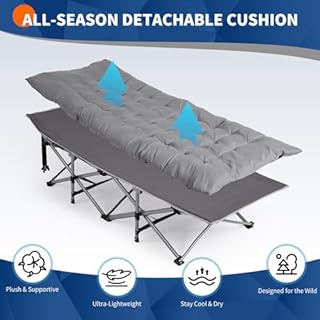 Outopee Folding Camping Bed for Adults, Camping Cot with Thick and Soft Mattress for Travel, Poolside, Picnic, Office, Patio, 150kg Load Capacity, Grey