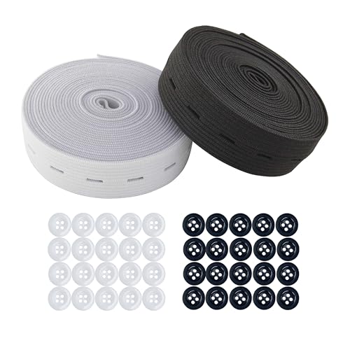 3/4 Inch Width Black & White Sewing Elastic Band With Buttonholes,Total 10 Yards（5yards per color),Flat Waistband Tightener Band Spool for Pants,Kids Adjustable Waist,DIY Crafts