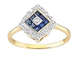 9ct Yellow Gold Blue Sapphire & Diamond Ring sizes J to S - ART DECO Design (P)