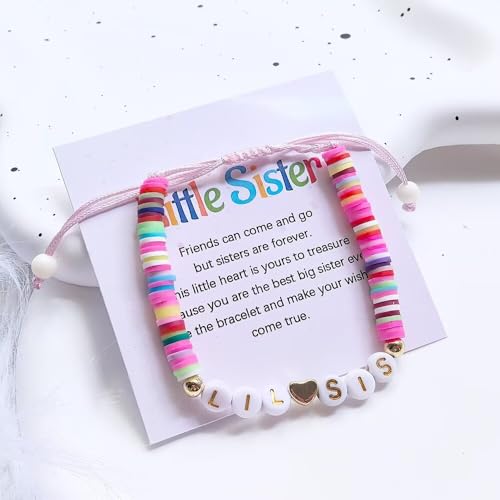 Image of Big Sister Gifts For Little, Pastel Rainbow Heart Rainbow Ball Big Little Sister Bracelet Announcement, Birthday Jewelry