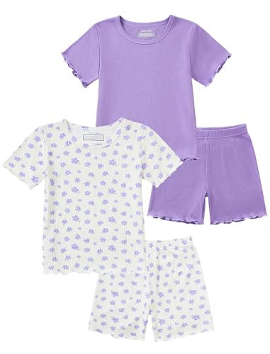 Mikrdoo Girls PJs 4 Piece 2-Pack Set Comfy Snug Fit White Floral & Solid Purple for Bedtime & Play 4-5T