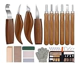 18PCS Holz Schnitzwerkzeug Set, Holzschnitzset Mit 4 GroßEn Holzschnitzmessern, 6 Detailmessern, Schnitzmesser Set Mit Holzblock Schleifpapier Handschuhe, Holz Schnitzen Set FüR AnfäNger Profis Kinder