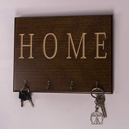 Colgador de llaves de Madera - Genial Organizador de llaves con tallado HOME en Color Nogal Oscuro Barnizado, con 4 colgadores Color Bronce envejecido. Medidas: 25x20x3.5 cm Cover