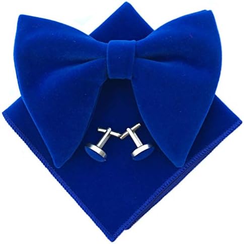 Justar Mens Pre-Tied Oversized Bow Tie Tuxedo Velvet Bowtie Cufflinks Hankie Combo Sets (Royal Blue)