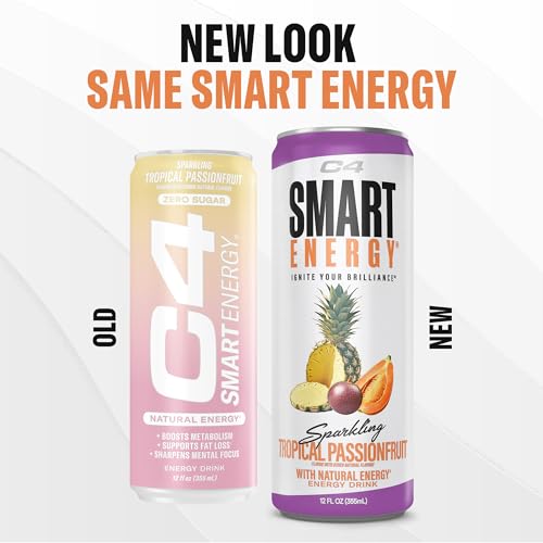 Image of C4 Smart Energy Drink - Sugar Free Performance Fuel & Nootropic Brain Booster, Coffee Substitute or Alternative | Tropical Passionfruit 12 Oz - 12 Pack
