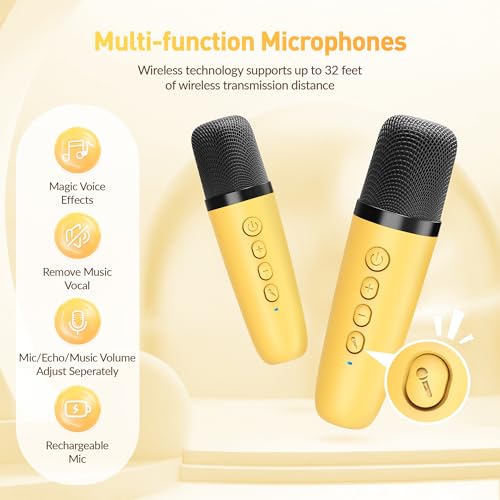 Image of Mini Karaoke Machine for Kids Adults：Portable Bluetooth Karaoke Speaker with 2 Wireless Microphones and Lights for Home Party, Christmas Birthday Gifts for 4-12+ Years Old Girls Boys(Yellow)