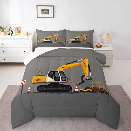 Image of Feelyou Excavator Comforter Set Boys Cute Vehicles Truck Car Print Bedding Set Kids Cartoon Machinery Cars Comforter for Children Teens Room Decor Construction Site Duvet Set Twin Size