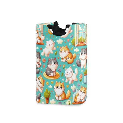 Jihqo Laundry Hamper Basket Cute Cats Happy Life Collapsible Nursery Storage Bin Waterproof Clothing Baskets for Home Bedroom Bathroom Washing Room