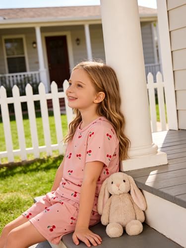 Image of KIDLAGA Girls Two Piece Sets Cherry Pattern Short Sleeve Shirts and Shorts Set With Pockets Girls Summer Outfits Size 7-14