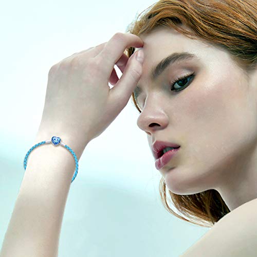 Forever Queen Leather Bracelet Genuine Blue Braided With 925 Sterling Silver Snap Clasp Charms Cz For Women Teen Fits European Charms 6.7/7.5/8.3 Inch #TOP3