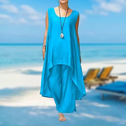 Womens Cotton Linen Tracksuit 2 Piece Set Sleeveless Tops Wide Leg Pants Sets Oversize Casual Linen Tracksuit Outfits #TOP5