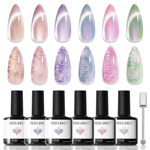 modelones Cat Eye Gel Nail Polish, 6 Colors Pearl Magnetic Swirl Shell Set