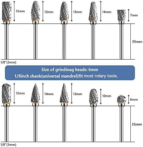 Double Cut Tungsten Carbide Burr Set for Ratory Tool, 10 Pcs Die Grinder Bits with 1/8 inches Shank for DIY Woodworking, Carving, Plastic Drilling, Metal Polishing, Engraving