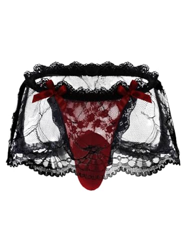 ChiaoLezhee Mens Lace Sexy Underwear, Sissy Pouch Panties Femboy For Men, Low Rise Bow Lingerie Fits 34-42, Sheer Girly, Burgundy, One Size