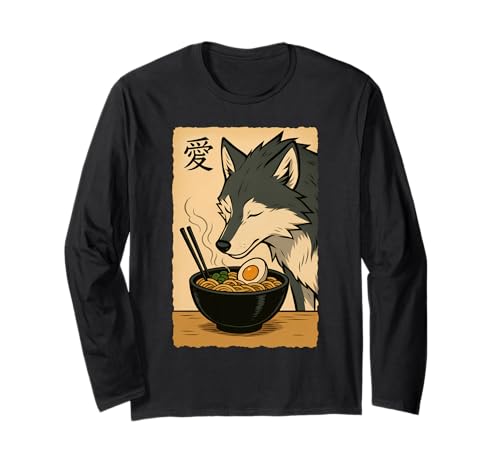Funny Wolf Ramen Graphic Tee Arte japonés Kawaii Anime Wolf Manga Larga