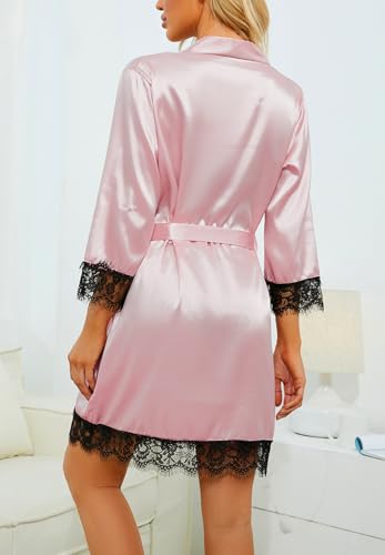 LYANER Women's 4pcs Sleepwear Satin Floral Lace Trim Cami Pajama Set with Robe4