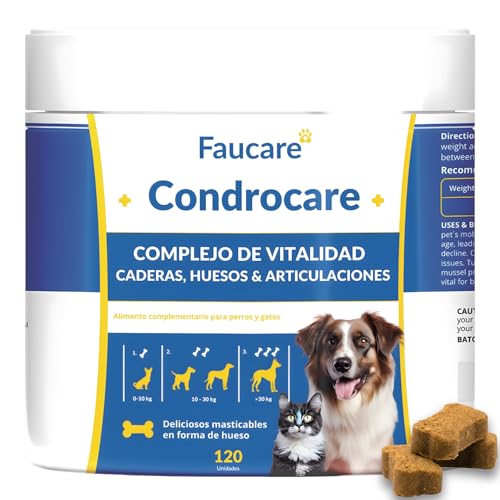 Condroprotector Perros con Colágeno Magnesio y Calcio, Glucosamina, Condroitina, Cúrcuma, Mantenimiento Articular, Vitality Complex para Movilidad, Huesos. Faucare. 120 Uds