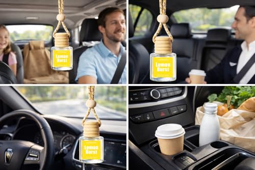 Image of Hanging Car Air Freshener 2 Pack, Lemon Scent Essential Oil Car Diffuser Bottle, Refillable Hanging Auto Aromatherapy Freshener, Long Lasting Odor Eliminator for Car, Truck, SUV