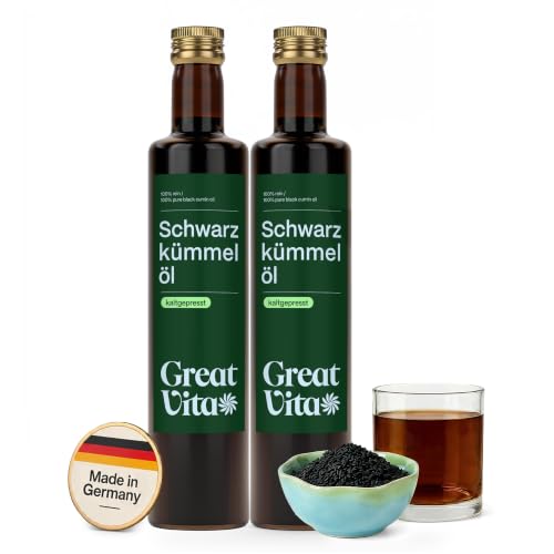 Produktfoto von GreatVita Schwarzkümmelöl 2x 500 ml - 100% rein, kaltgepresst, gefiltert, Vielseitig für Küche und Hautpflege, Frei&hellip;