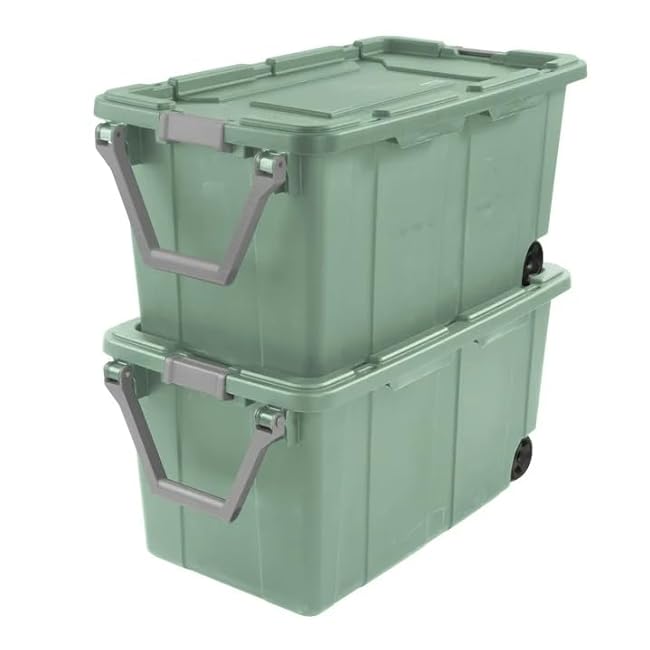 40-Gallon Wheeled Storage Bins (2-Pack) - Heavy Duty Plastic Totes with Lids & Handles - Industrial Garage/Utility Containers for Tools, Camping Gear (36.9 x 21.4) (Green)
